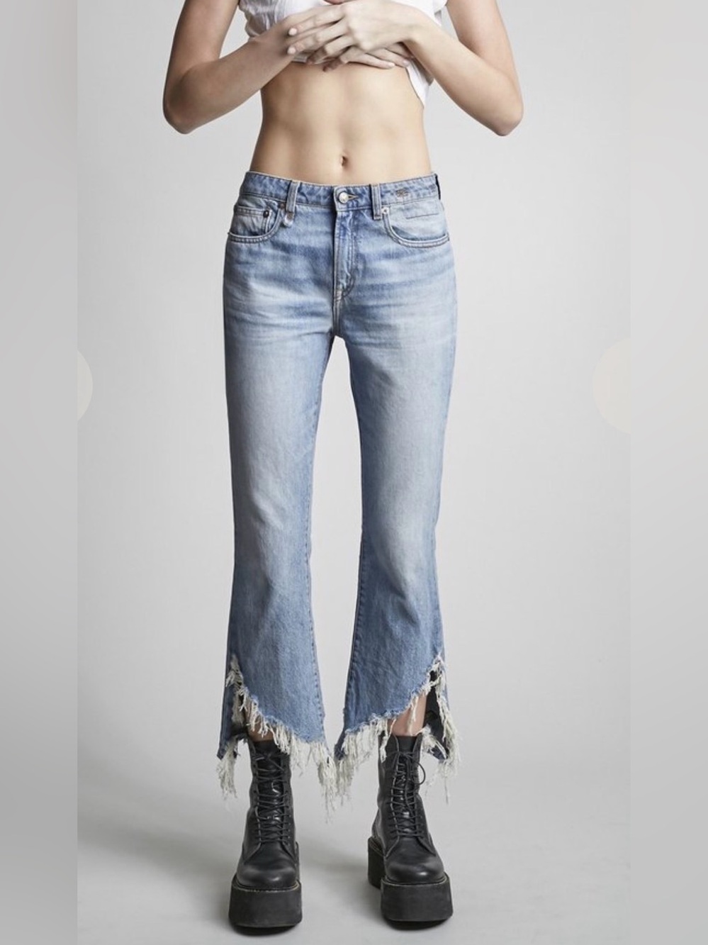 R13 Jeans Kick Fit Long Mason Blue Torn distressed luxury Denim size 27